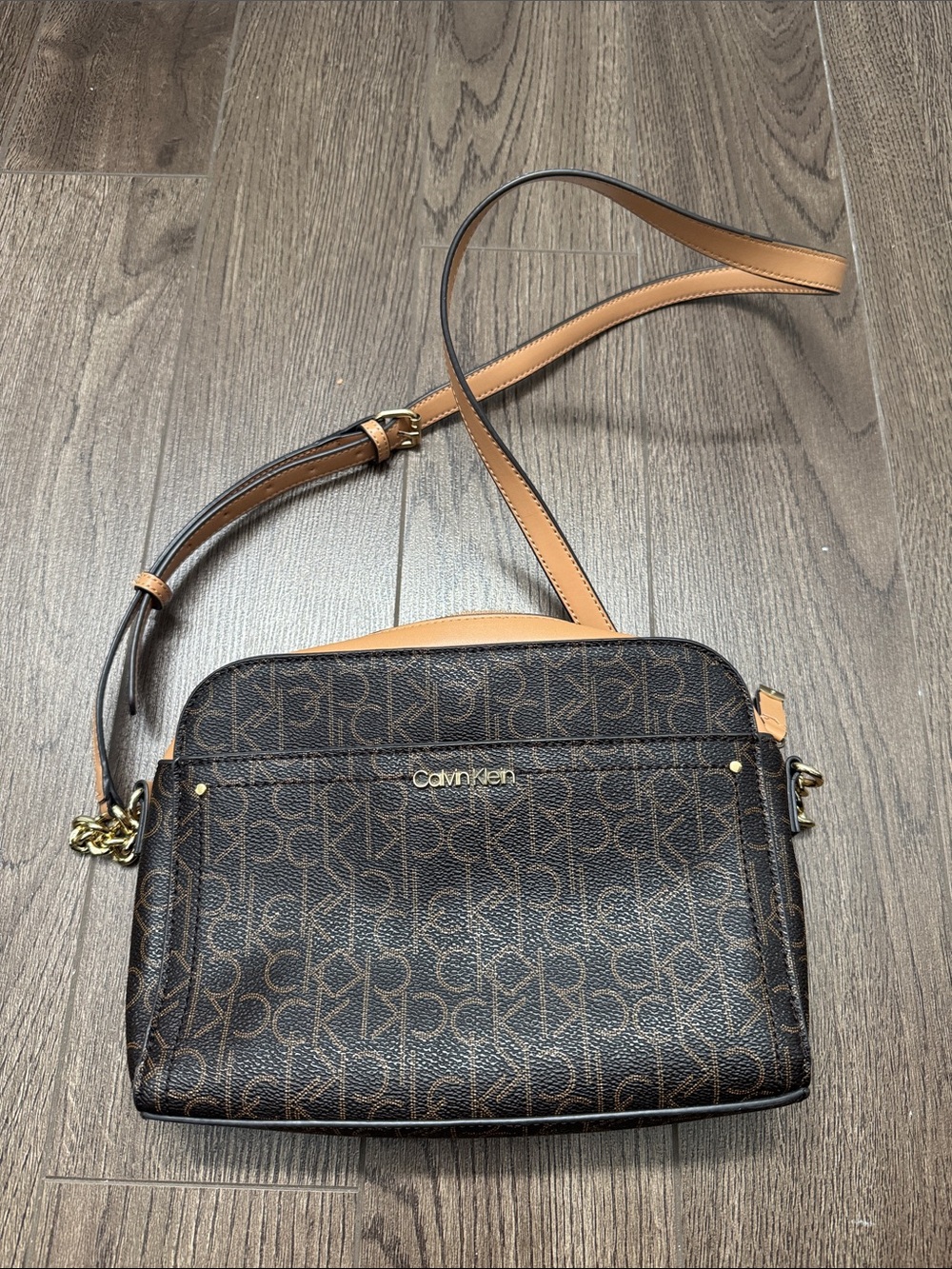 Calvin Klein Dark Brown Monogram Crossbody with Tan Strap